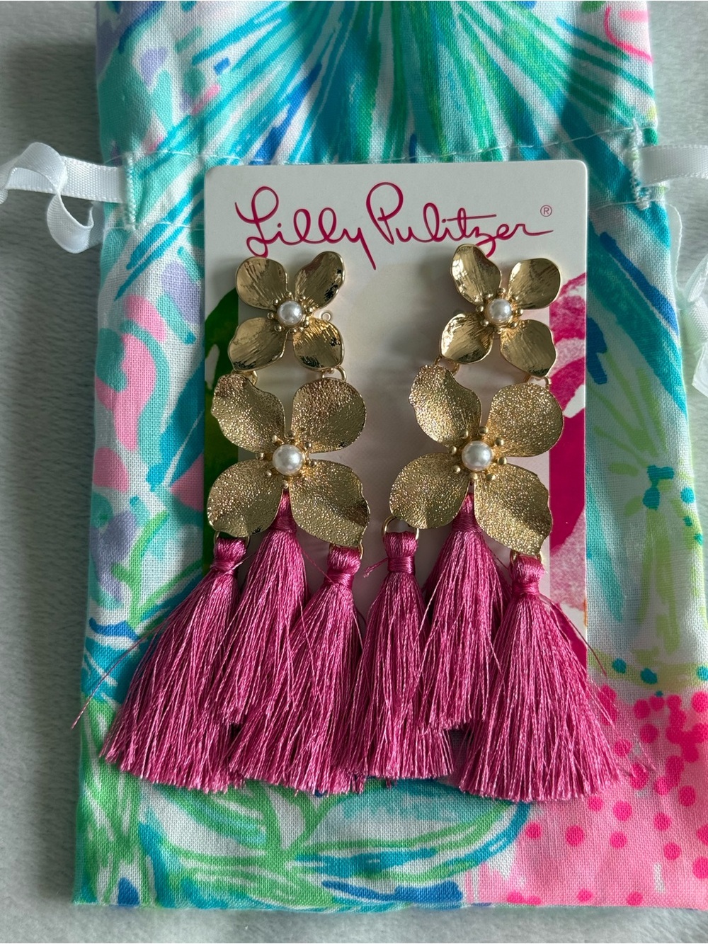 Lilly Pulitzer Flower and Pink Tassel Drop Earrings NWT
